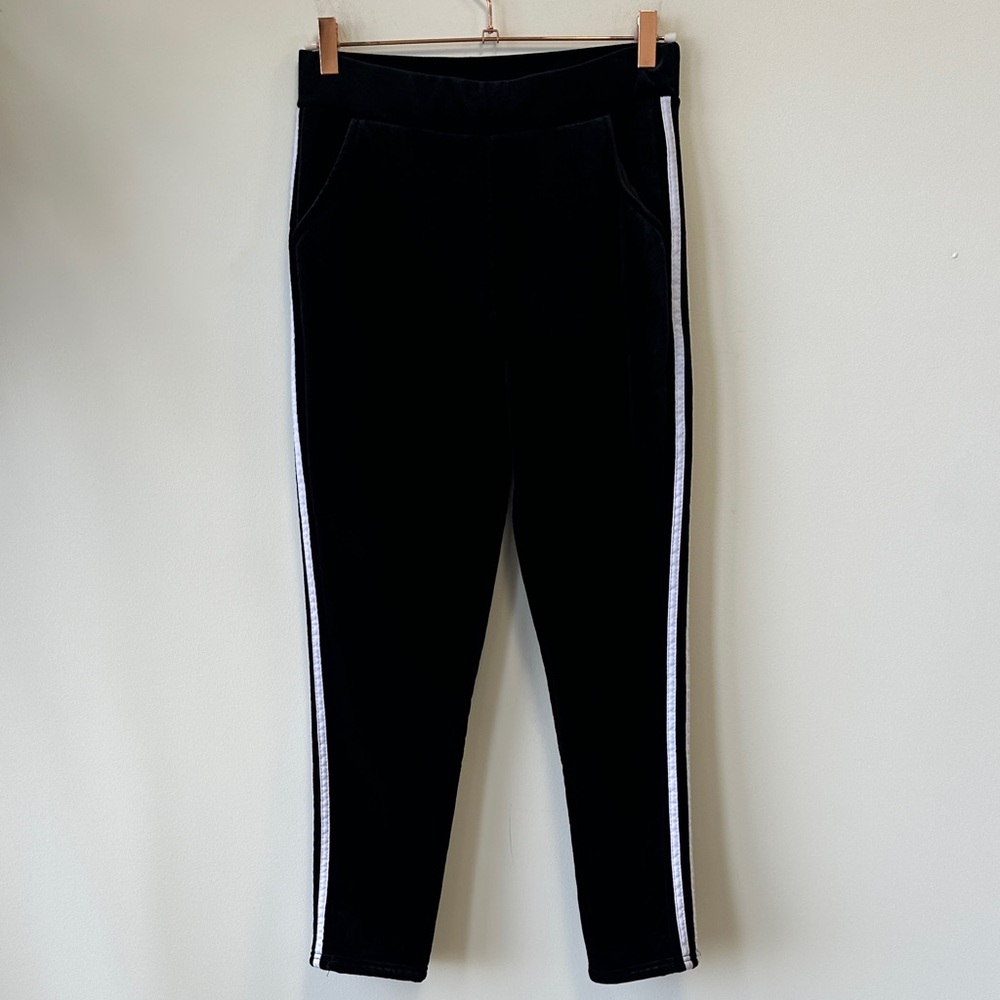 Adidas Sz Large Black Velour Leggings with Signature Stripes